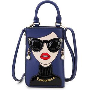 Lady Face Deep Blue Shoulder Bags Funky Vegan Leather Top Handle Satchel
